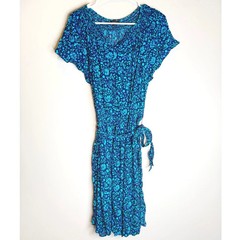 Talbots Petite XL Blue Floral Smocked Waist Tie Dress Coastal Chic