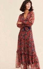 Anthropologie The Marais Printed Chiffon Maxi Dress Size M Floral Red Long Boho