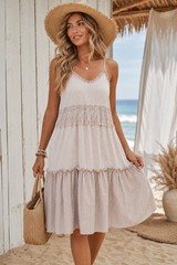 POL Womens Large Ivory Taupe Striped Tiered Sundress Smocked Empire Waist Boho