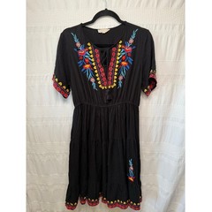 Solitaire Black Embroidered Dress, Size L Boho Peasant