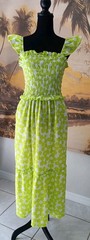 Lime Green/White Daisy Long Sundress By Cato Sz Small, Ruched Top, Ruffles/Tiers