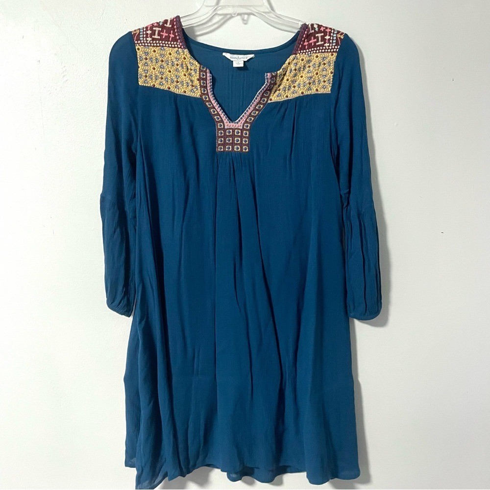Sundance Suelta Teal embroidered boho dress gauzy Viscose swing trapeze s