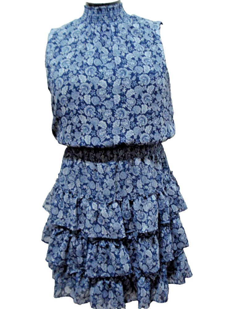 1. STATE Knee-Length, Tiered Dress, Blue Floral High-Collar, Keyhole Back Size M