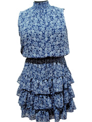 1. STATE Knee-Length, Tiered Dress, Blue Floral High-Collar, Keyhole Back Size M