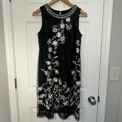 Blackened Chiffon Overlay Embroidered White Floral Cocktail Party Dress 10