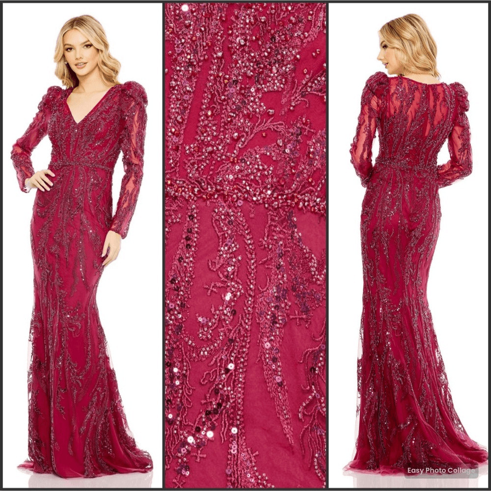 $998 MAC DUGGAL 20349 Embellished Puff Sleeve V Neck Gown 16