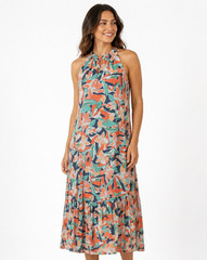 Nine West Women&rsquo;s Floral Halter Maxi Dress Size M Sleeveless Keyhole Boho Maxi
