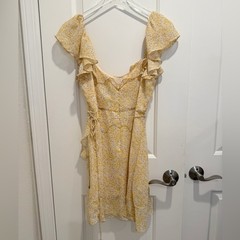 HELLO MOLLY Taking Over This Scene Ruffle Trim Waist-Tie Dress Yellow Floral L