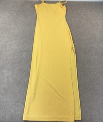 Women’s Yellow Ribbed Jersey Maxi Dress With Adjustable Straps And Side Slit