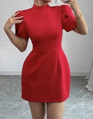 SHEIN Red Mock Neck Puff Sleeve Cut-Out Back Mini Dress Bow/Button Size S
