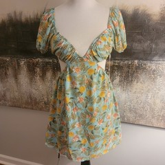 More To Come Mini Dress S Blue Yellow Floral Cut-Out Puff Sleeve Sweetheart