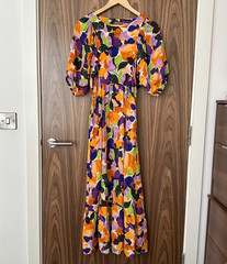 Oliver Bonas Purple Orange Abstract Petal Floral Puff Sleeve Midi Maxi Dress 10