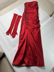 Red Strapless Evening Gown with Beaded Detailing and Matching Gloves