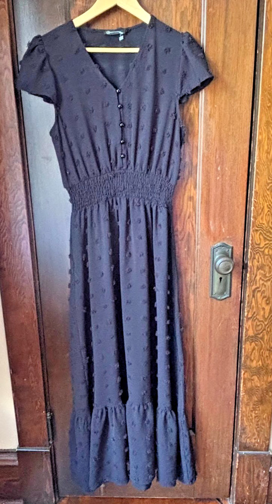 Pretty Garden Small Black Clip Dot Smocked Maxi Dress V Neck Flutter Sleeve Boho