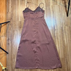 Line + Dot Bronze Ruffled Corset Style Babydoll Satin Midi Slip Dress Size S
