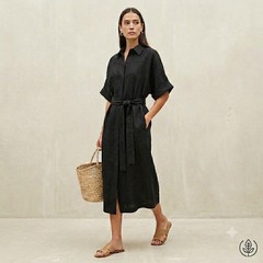 Maggie The Label Black 100% Linen Midi Shirt Dress Short Sleeve Belted Pocket