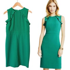 ANN TAYLOR Green Pleated Ruffle Sheath Dress Size 6 Sleeveless Dainty Office