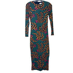 Farm Rio Stretch Green Banana Mix Jersey Midi Dress Lined Fitted XS