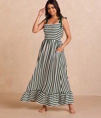 Summersalt Silky Luxe Smocked Maxi Dress Green White Stripe Tie Shoulder L