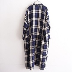 ICHI Antiquites Linen Shirt Long Dress Collared Check Long Sleeve Exc