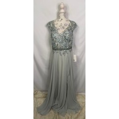 Mac Duggal Embellished Cap Sleeve Bodice Chiffon Gown in Seamist Size 12 NWT