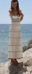 Lucky Brand White/Black Striped Crochet Strappy V-Neck Maxi Dress Size M