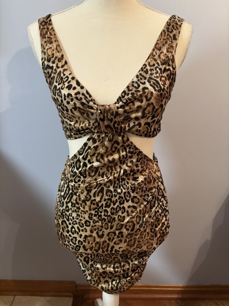 Deb Leopard Dress With Waist Cutout Sequins Lining Gathered Sides Sz S EUC