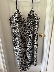 Sergio Hudson Animal Print Dress Size 2x Midi New Spaghetti Strap Black Egg Shel