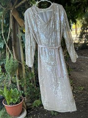 VTG Swee Lo XL 100% Silk Beaded Sequin Champagne Art Deco Evening Dress Belt