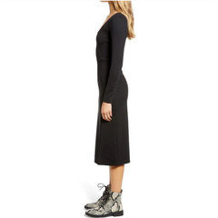 Leith Womens Scoop Neck Long Sleeve Side Slit Midi Dress in Black XS MSRP $49