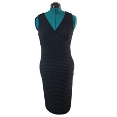 Unbranded Bodycon Dress Womens M Black Stretch Pleated V-Neck Sheath LBD Classic