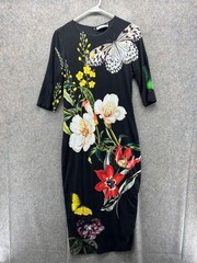Alice + Olivia Dress Women 12 Black Floral Butterfly Midi Sheath Half Sleeve NEW