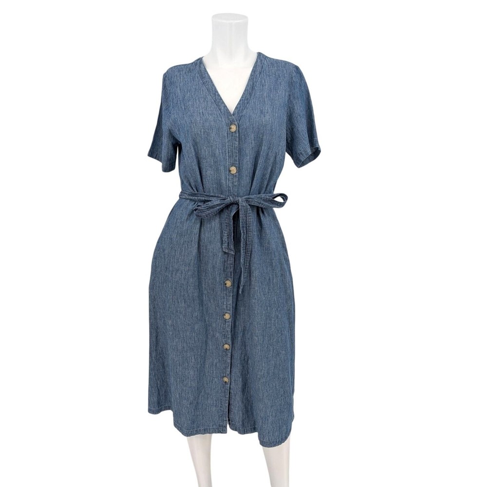Linen Blend Chambray Midi Dress Button Up Coastal Cottage Minimalist Belt Small