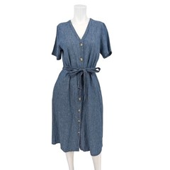 Linen Blend Chambray Midi Dress Button Up Coastal Cottage Minimalist Belt Small