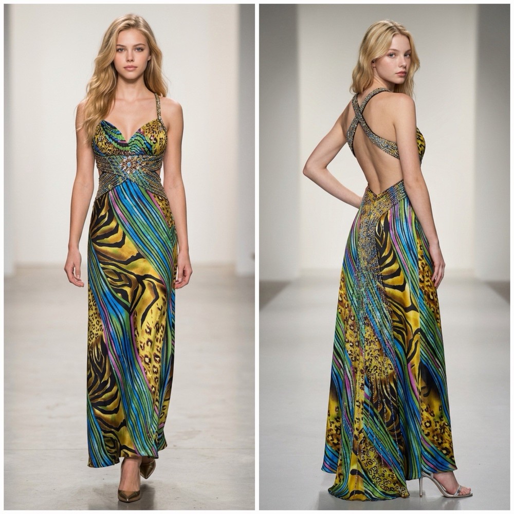 VTG Y2K Cache Sz 2 Silk Sequin Beaded Animal Print Mermaid Gown Prom Formal