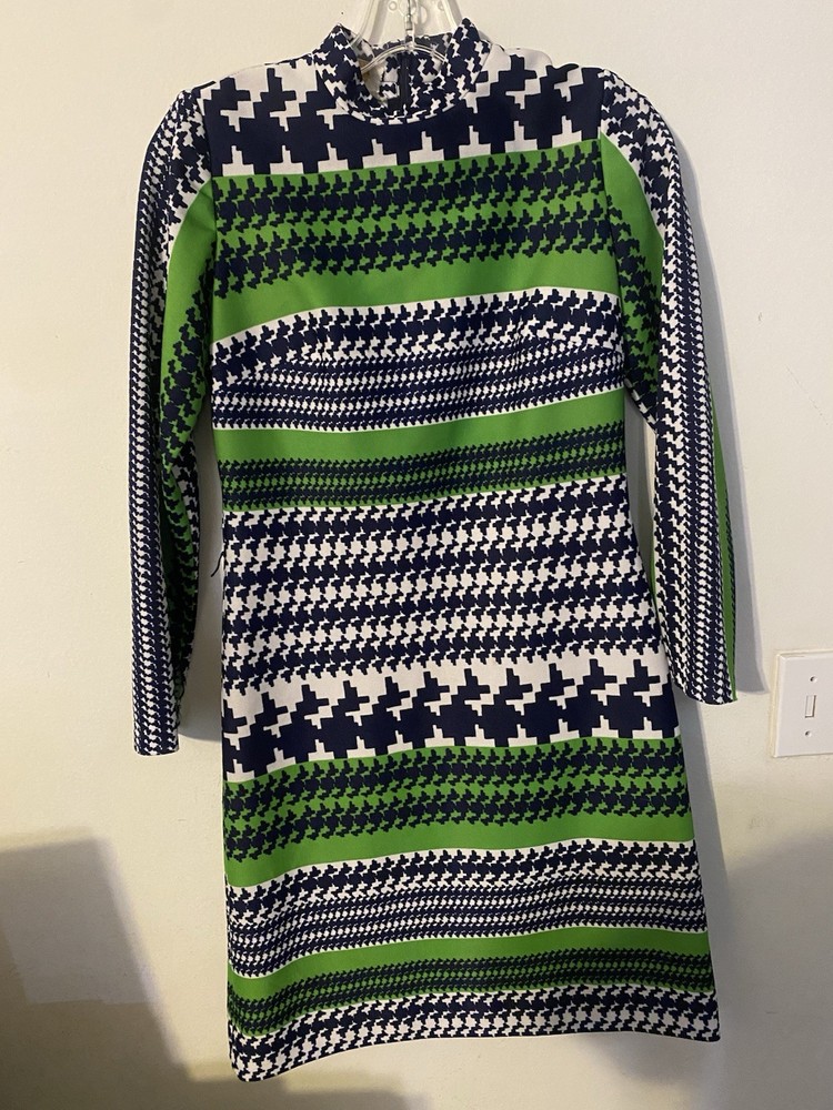 Vintage 60&rsquo;S 70s Leslie Fay Geometric Dress Women’s Polyester /knit Dress Mod