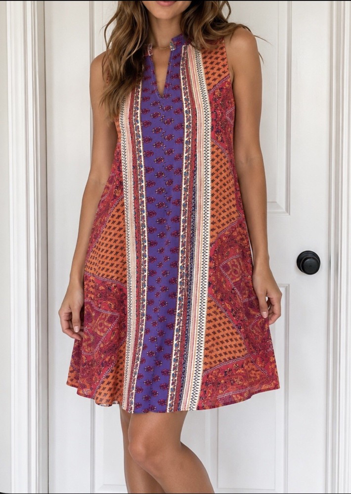 Jodifl Womens Small Bohemian Vibrant Patchwork Swing Shift Dress