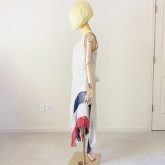 Diesel Silk Sheer Asymmetrical Dress in White with Navy and Red Accents