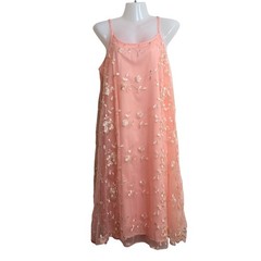 Pink Floral Embroidered Mesh Slip Dress Womens M Midi Spaghetti Strap Fairy