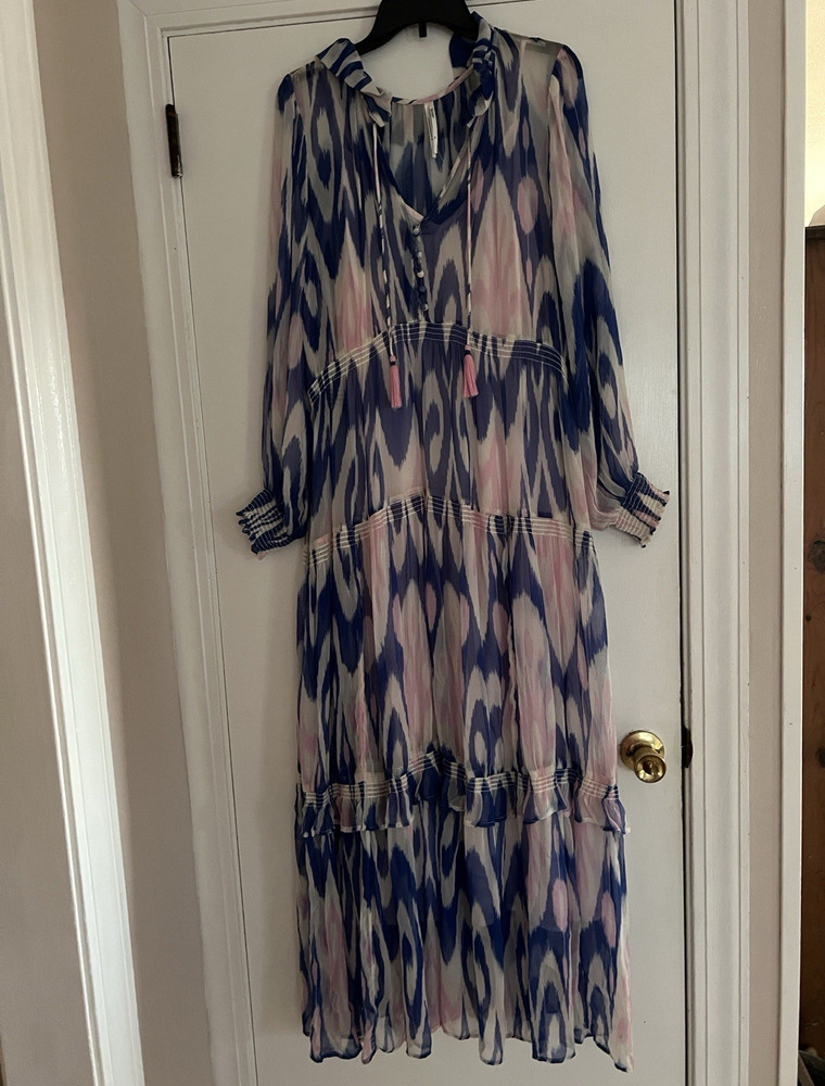 Anthropologie Blue Pink White Ikat Midi Dress XS V-Neck Long Sleeve Smocked