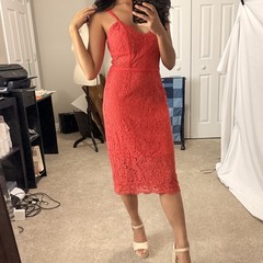 Express Coral Midi Lace Dress, Straight Knee Length Pencil, Sweetheart, Strap, 4