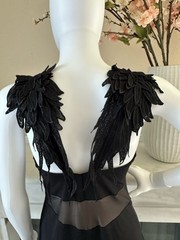 Designer Argentinian Tango Dress Open Back Black Midi Botanical Lace Appliqué