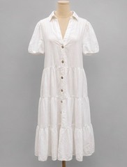 Zara White Linen Blend Smocked Waist V-Neck Tiered Mini Dress Large Puff Sleeve