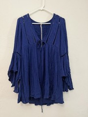 Free People Women Romeo Blue Mini Dress Ladder Trim Flared Sleeve Boho Tunic P/S