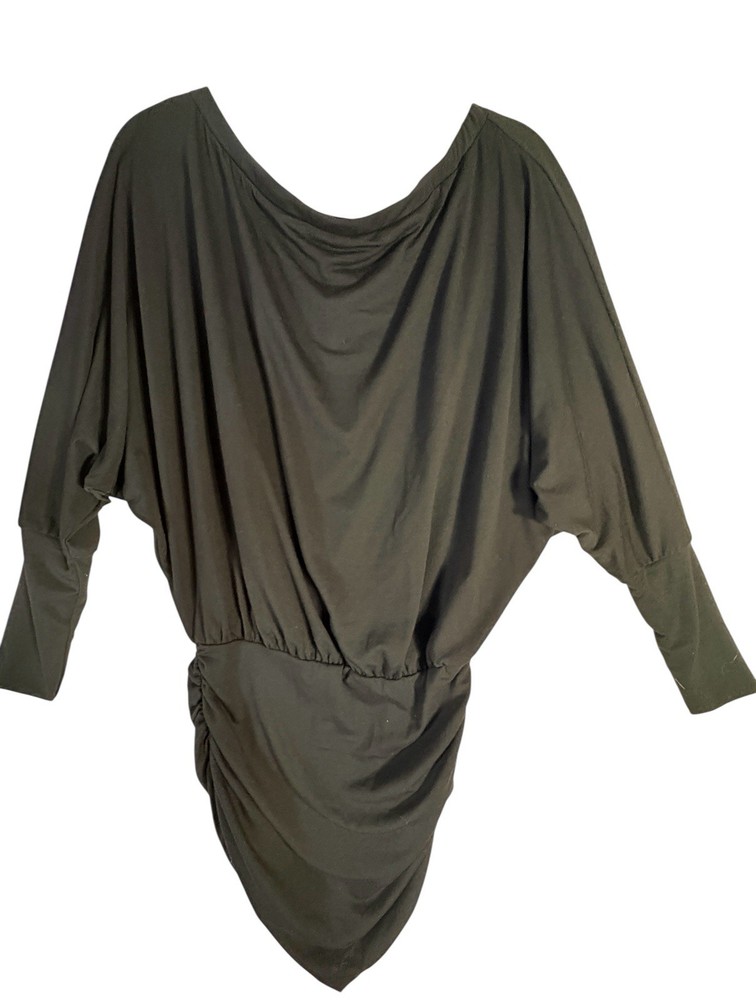 Black Batwing Dolman Sleeve Ruched Mini Dress Ruched Waist Stretch Women’s Small