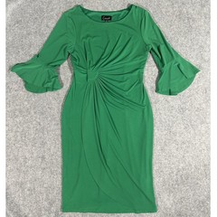 Connected Apparel Faux Wrap Sheath Dress 8 Green Bell Sleeve Gathered Sunburst