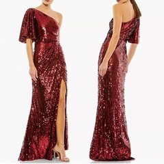 Mac Duggal 93540 One Shoulder Sequin Gown Burgundy Flutter Sleeve Maxi Dress