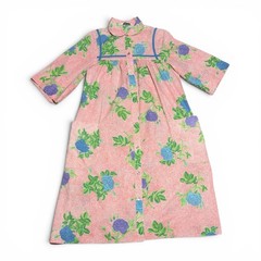 Vintage Pink Floral Print Models Coat House Dress with Blue and Purple Flowers