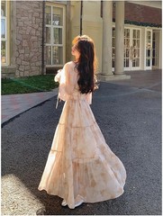 Womens Floral Chiffon Maxi Dress Square Neck Long Puff Sleeve Smocked Boho Fairy