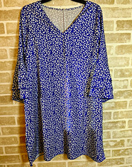 Blue White Abstract Shift Dress V-Neck 3/4 Bell Sleeve Pullover One Size